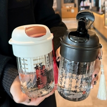 新中式简约吸管玻璃杯 带茶隔便携泡茶杯 活动礼品